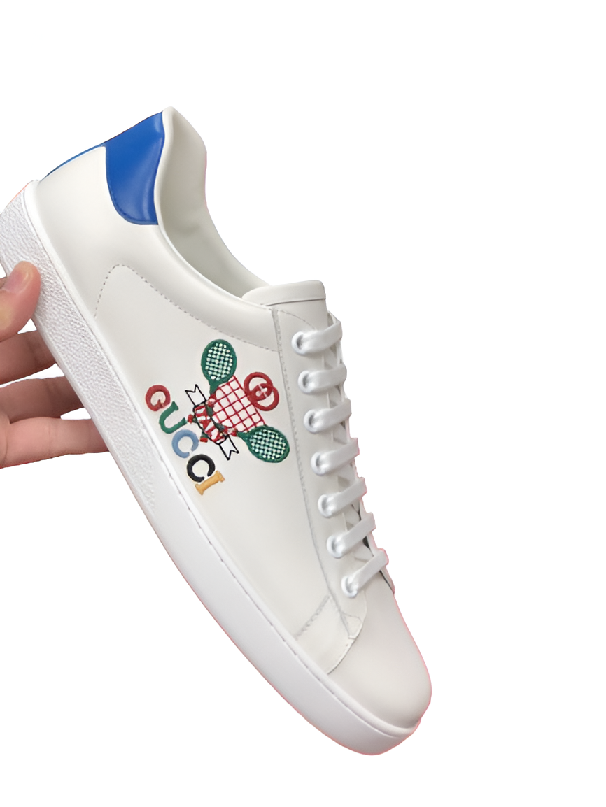GUCCI Men's White Leather Sneakers with Embroidered Motif