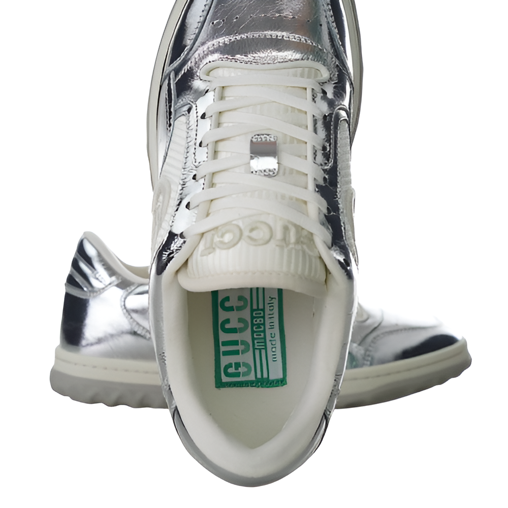 GUCCI Women's Metallic Silver Sneakers with Embossed Logo