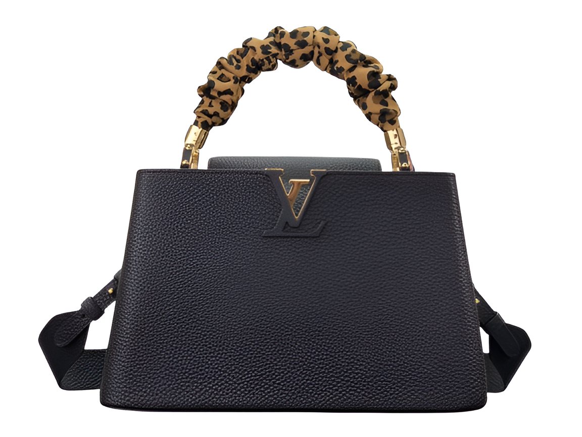 Louis Vuitton black handbag with a stylish leopard print handle