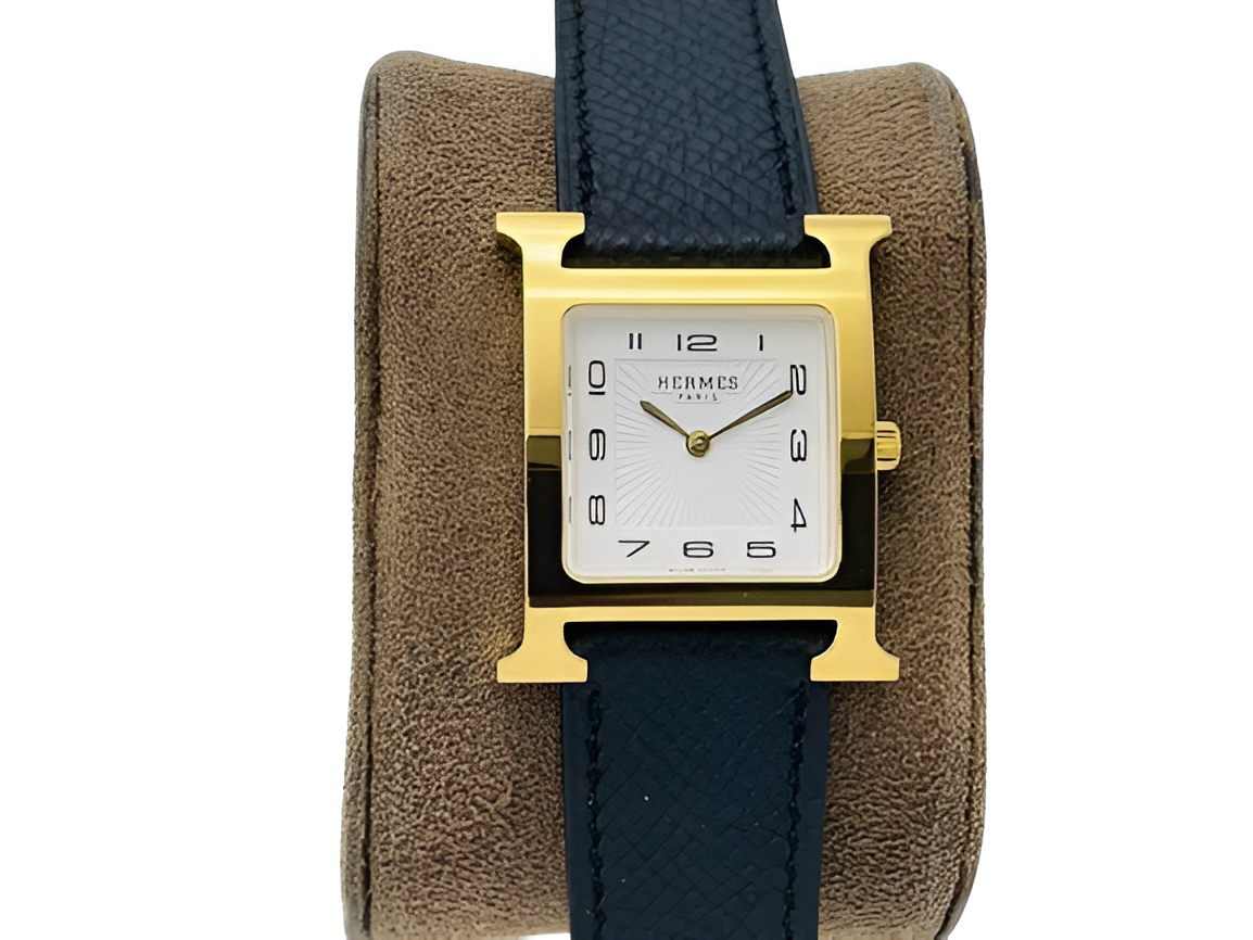 HERMÈS Gold-Plated Navy Leather Watch