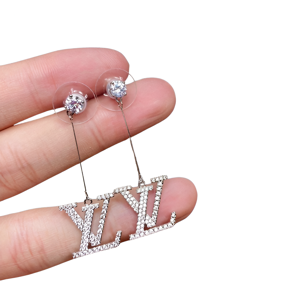 LV Long Drop Monogram Earrings - Silver & Crystal