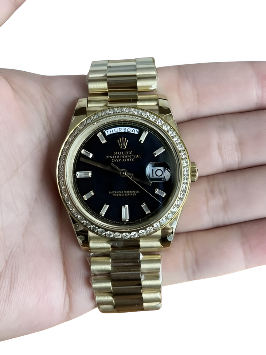 Rolex Day-Date Yellow Gold Black Dial Diamond Bezel Watch