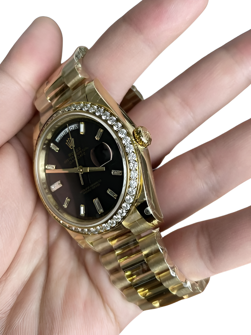 Rolex Day-Date Yellow Gold Black Dial Diamond Bezel Watch