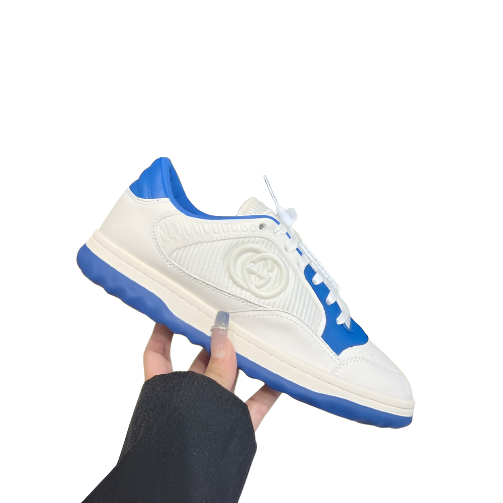GUCCI Women's White and Blue Sneakers with Embossed Logo