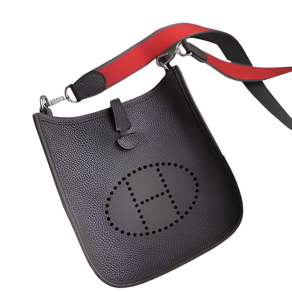 Hermes Black Leather Shoulder Bag with Red Strap
