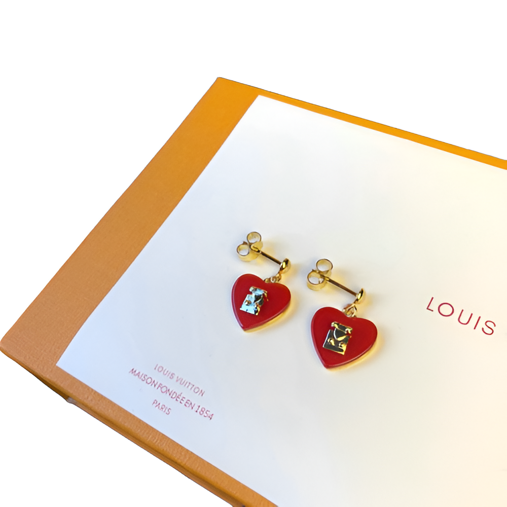 LV Red Heart Earrings - Gold & Enamel
