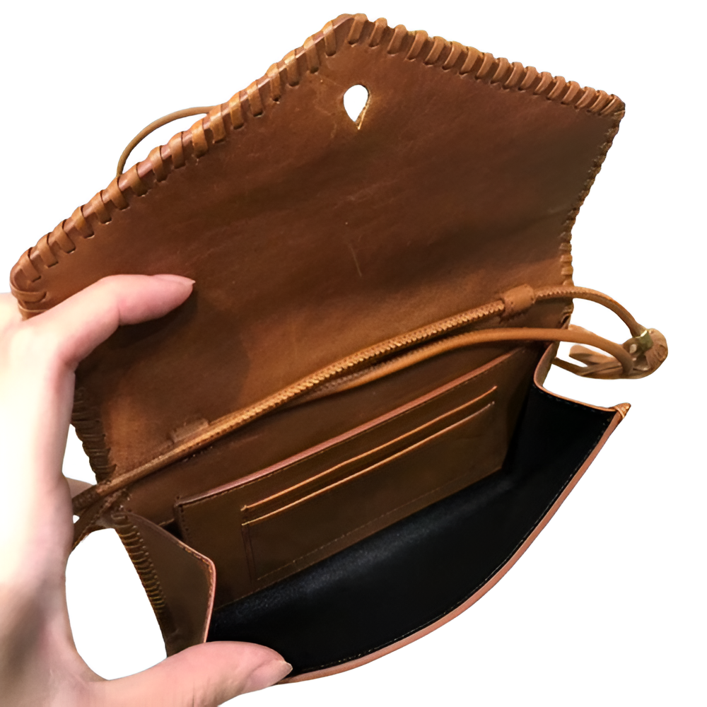 Brown Leather Boho Tassel Crossbody Bag