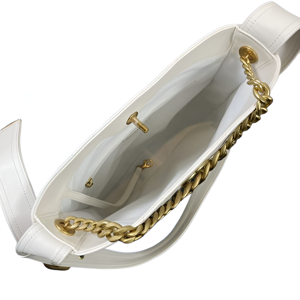 Chanel-Inspired White Leather Bucket Bag with Gold Chain