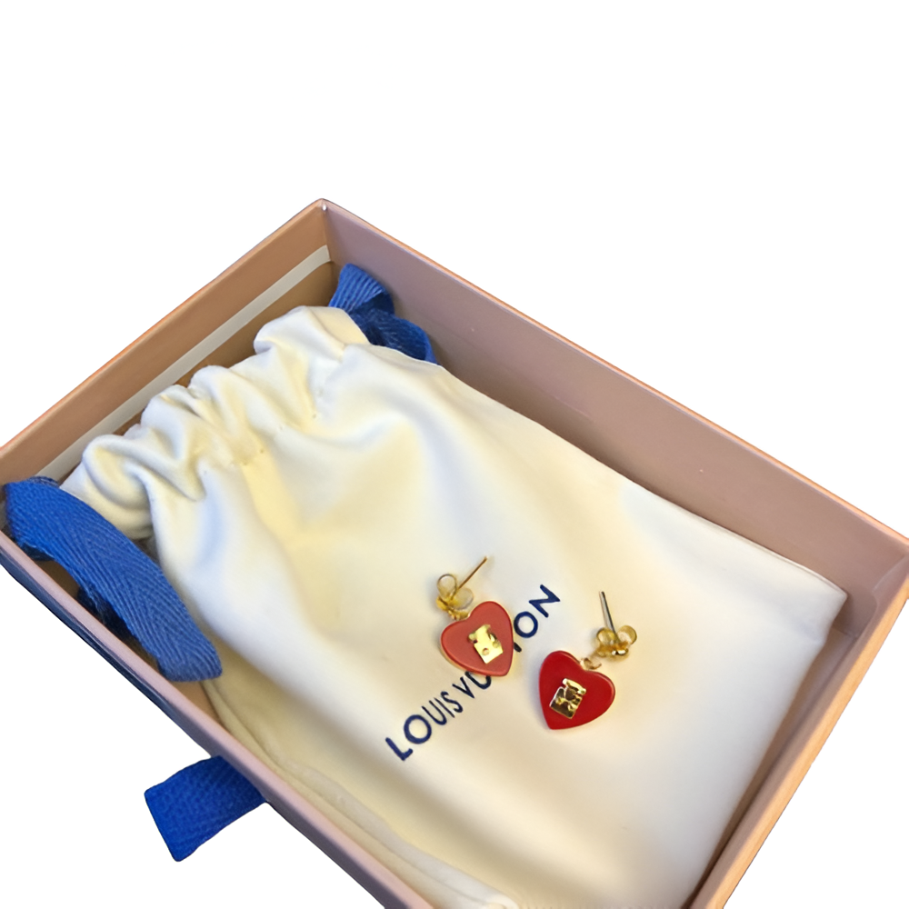 LV Red Heart Earrings - Gold & Enamel