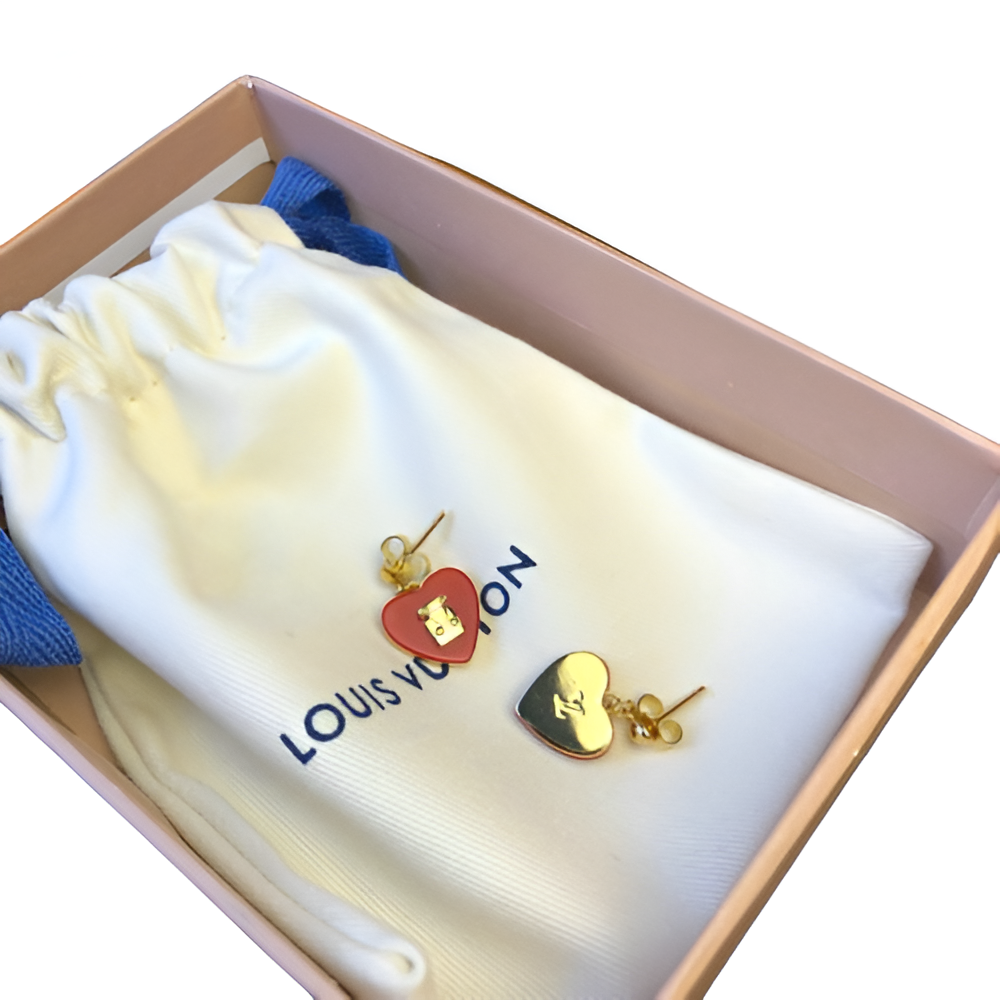 LV Red Heart Earrings - Gold & Enamel