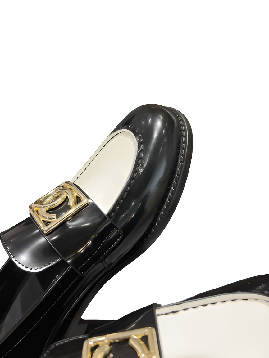 CHANEL Women's Black & White Gold CC Loafers