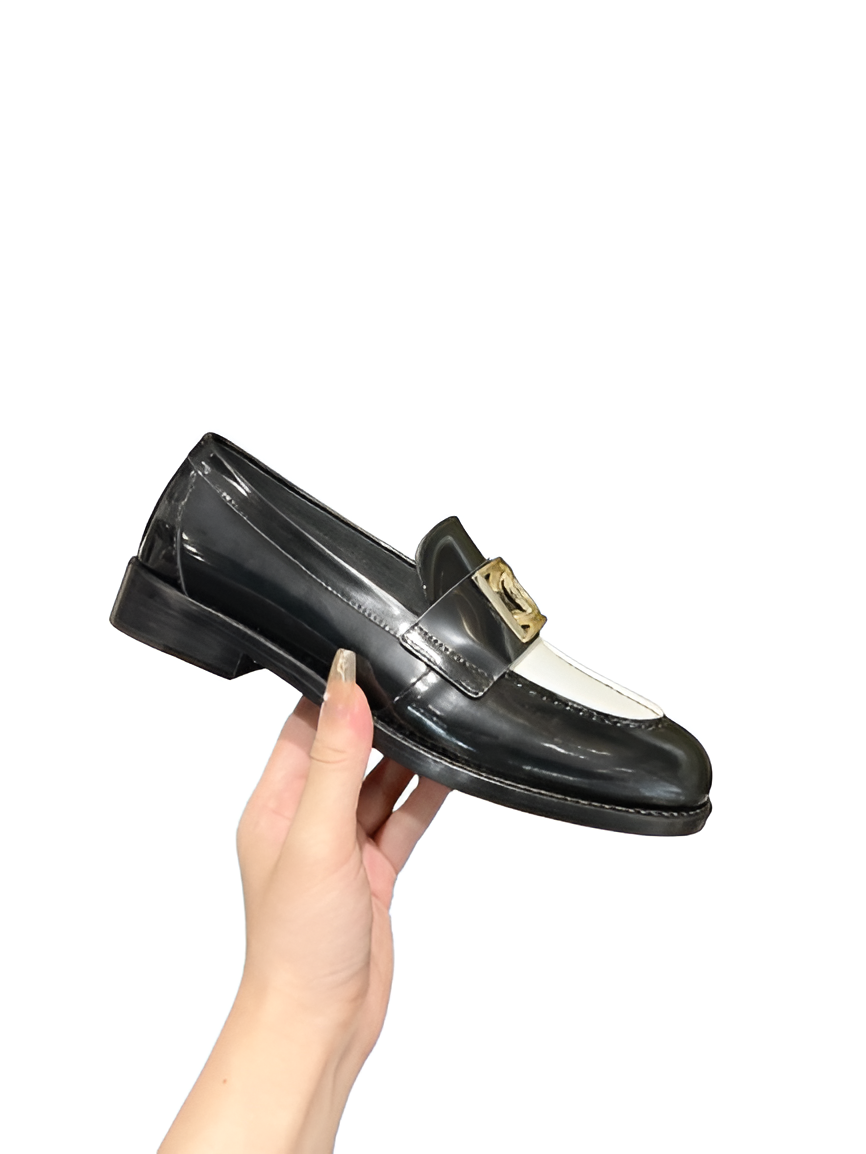 CHANEL Women's Black & White Gold CC Loafers