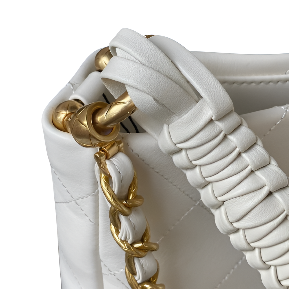 Chanel-Inspired White Leather Bucket Bag with Gold Chain