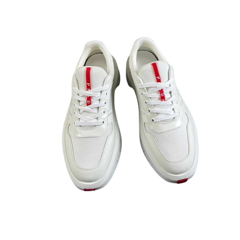 PRADA Men's White Luxe Sneakers with Red Stripe