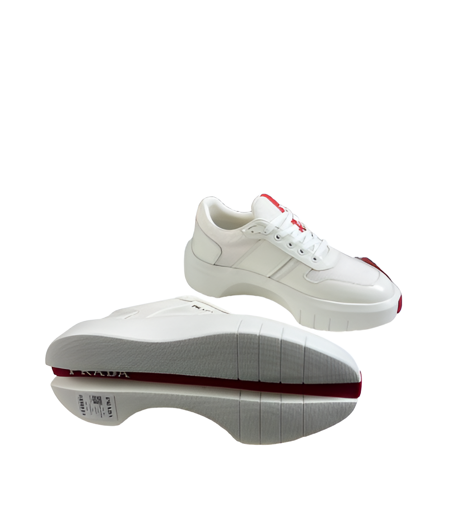 PRADA Men's White Luxe Sneakers with Red Stripe