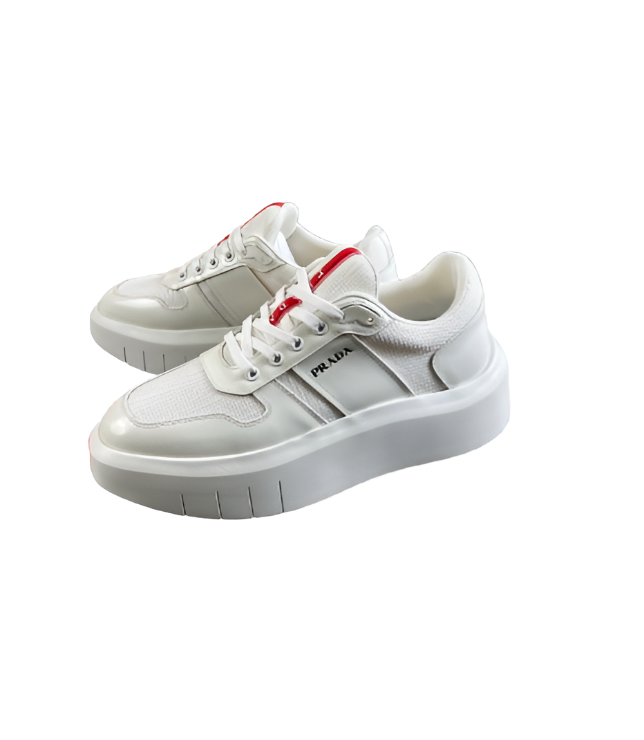 PRADA Men's White Luxe Sneakers with Red Stripe