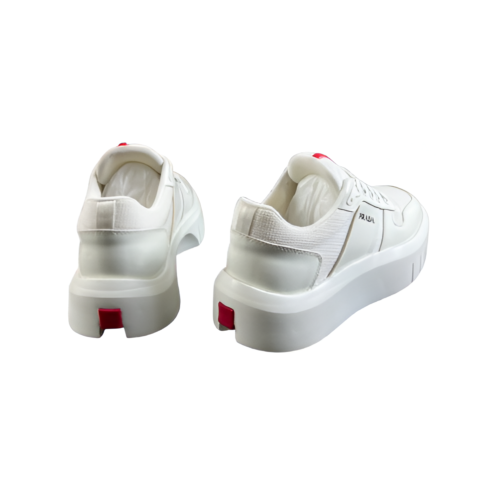 PRADA Men's White Luxe Sneakers with Red Stripe