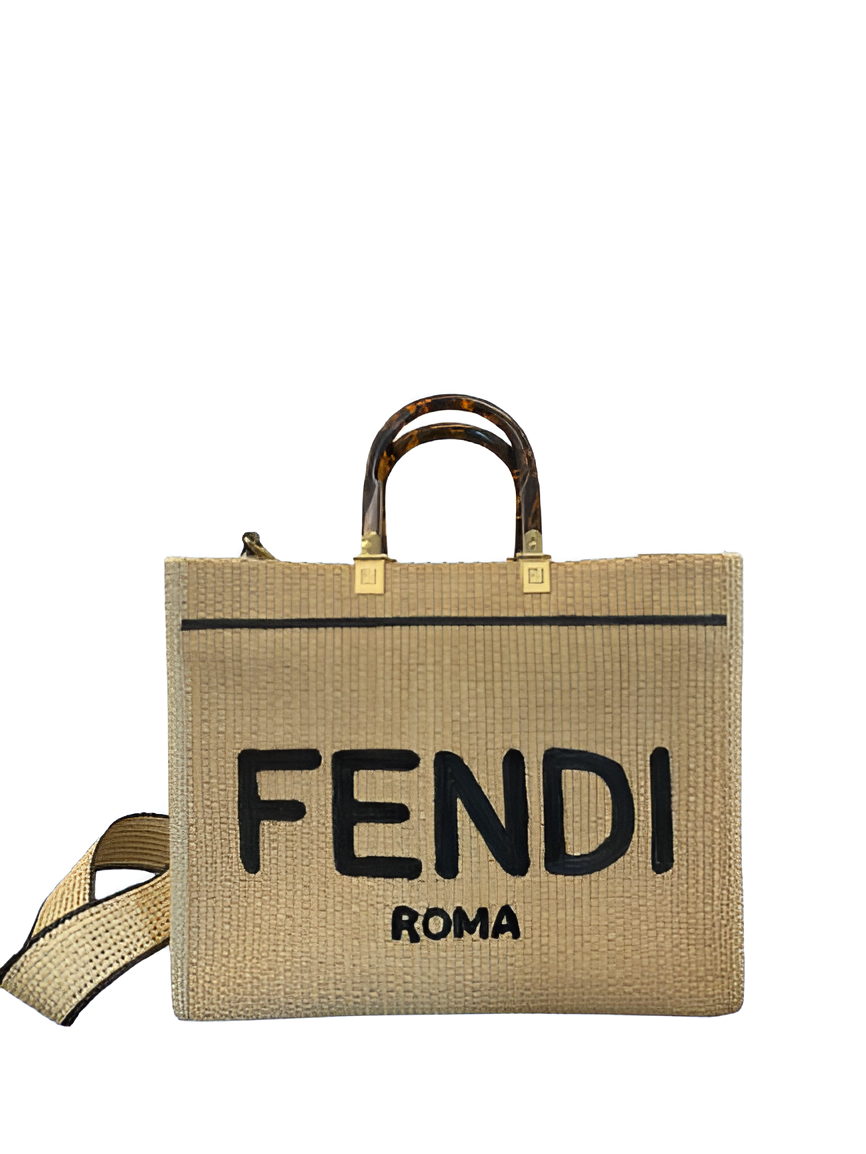 Fendi Raffia Tote Bag with Logo