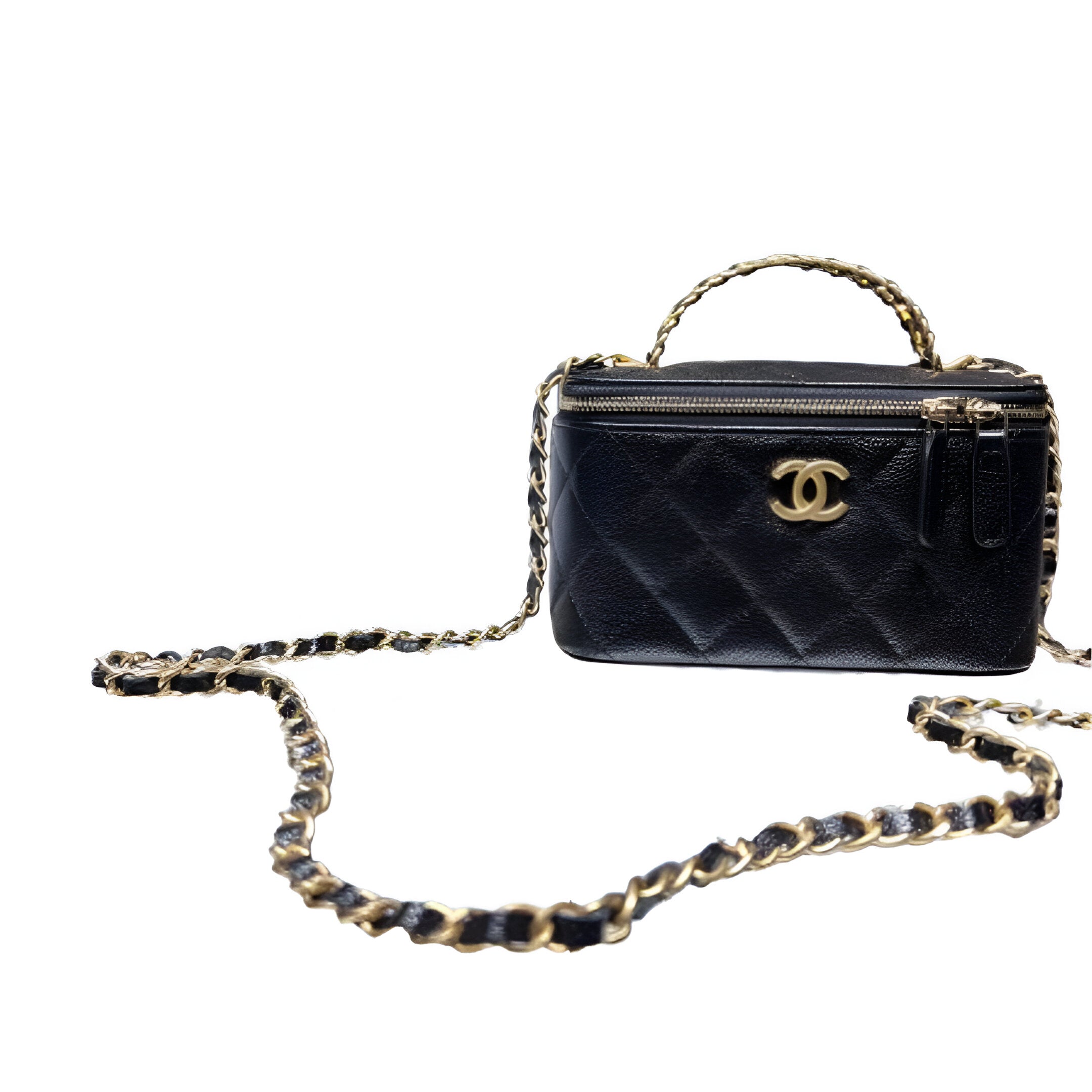 Chanel-Inspired Black Quilted Vanity Bag with Chain Strap