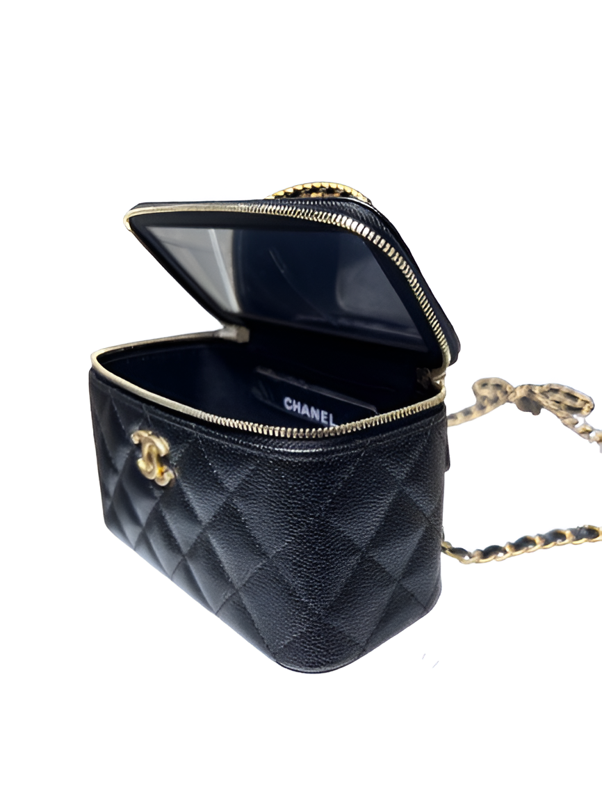 Chanel-Inspired Black Quilted Vanity Bag with Chain Strap