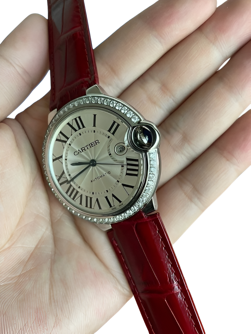 Cartier Ballon Blanc Diamond Bezel Red Leather