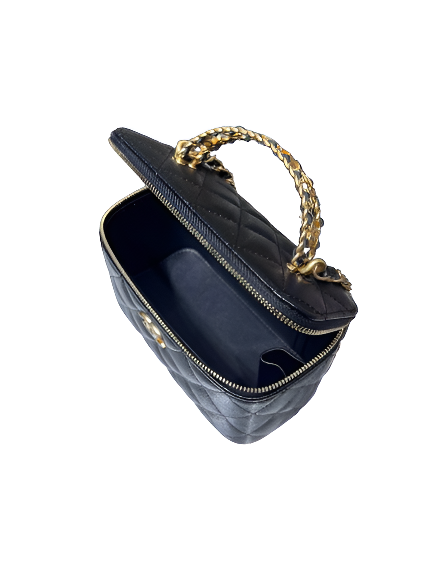 Chanel-Inspired Black Quilted Vanity Bag with Chain Strap