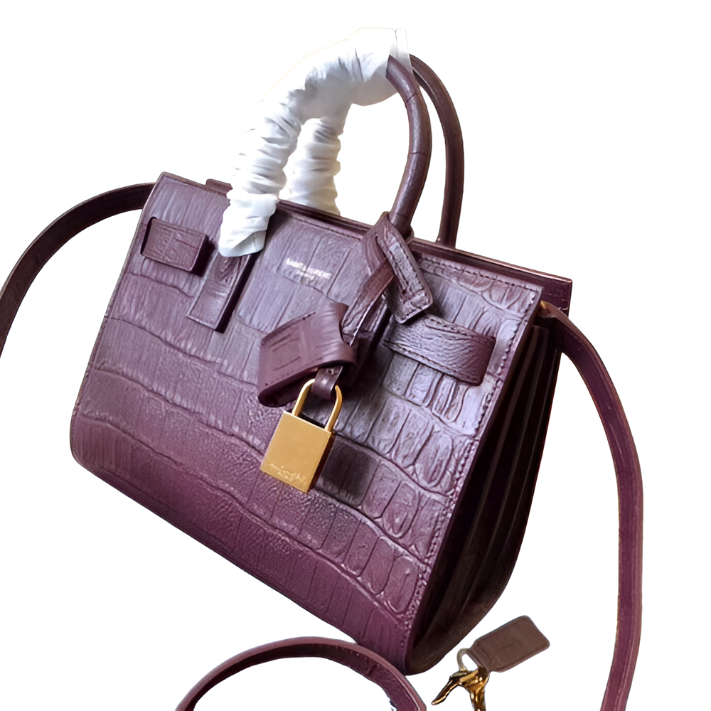 YSL Croc-Embossed Leather Bag with Gold-Tone Lock